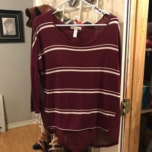 High low, maroon sheer backed striped shirt